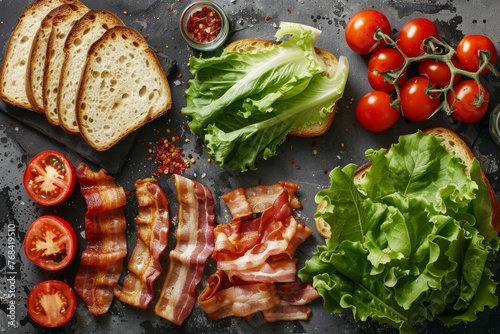Overhead view of bacon, lettuce, tomatoes, and bread laid out for making a delicious BLT sandwich