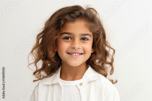 beautiful little girl with long curly hair smiling at camera on white