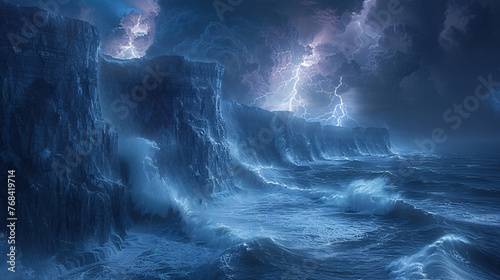 A powerful storm brewing over a vast ocean, with dark, rolling waves crashing against jagged cliffs. Lightning illuminates the sky in a dramatic flash, highlighting the fury of the storm.