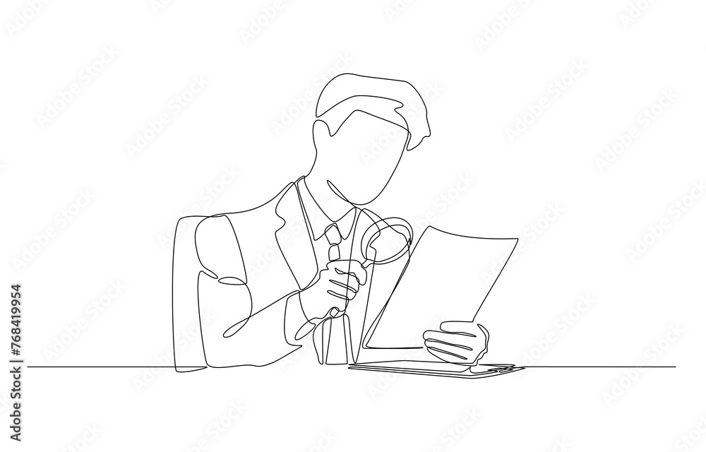 Continuous one line drawing of businessman using magnifying glass to check documents, document checking, budget analysis, contract validation concept, single line art. Continuous one line drawing of businessman using magnifying glass to check documents, document checking, budget analysis, contract validation concept, single line art.
