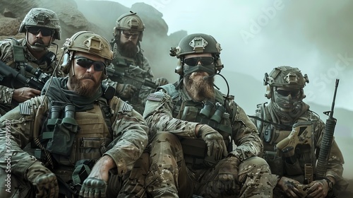 A group of weary soldiers with their damaged gear including Navy SEALs