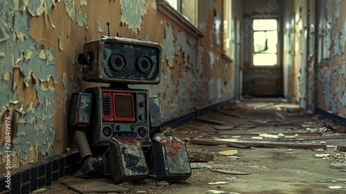 A lonely robot sits abandoned in the desolate halls of a former mental institution surrounded by peeling walls photo