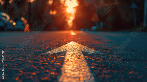 Imagine a serene scene where the golden hues of a sunset blanket the city, the open road, and a lush park The road, with its clear asphalt, stretches ahead, marked by white lines that guide travelers 