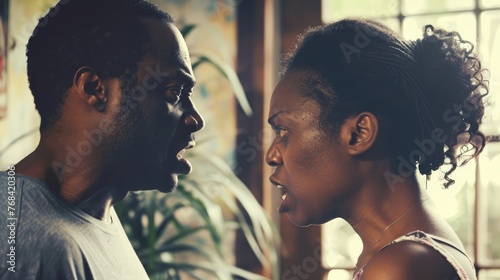 An African American couple in a heated argument their expressions capturing the intensity of a marriage problem photo