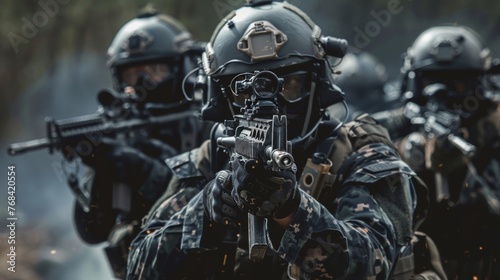 Close-up of Navy SEALs during a tactical practice session