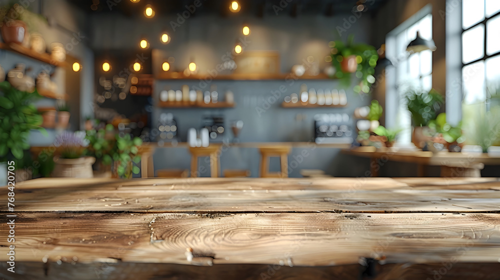 Empty Wooden Table Surface Closeup with Blurred Abstract Italian Gelato Shop Interior Background
