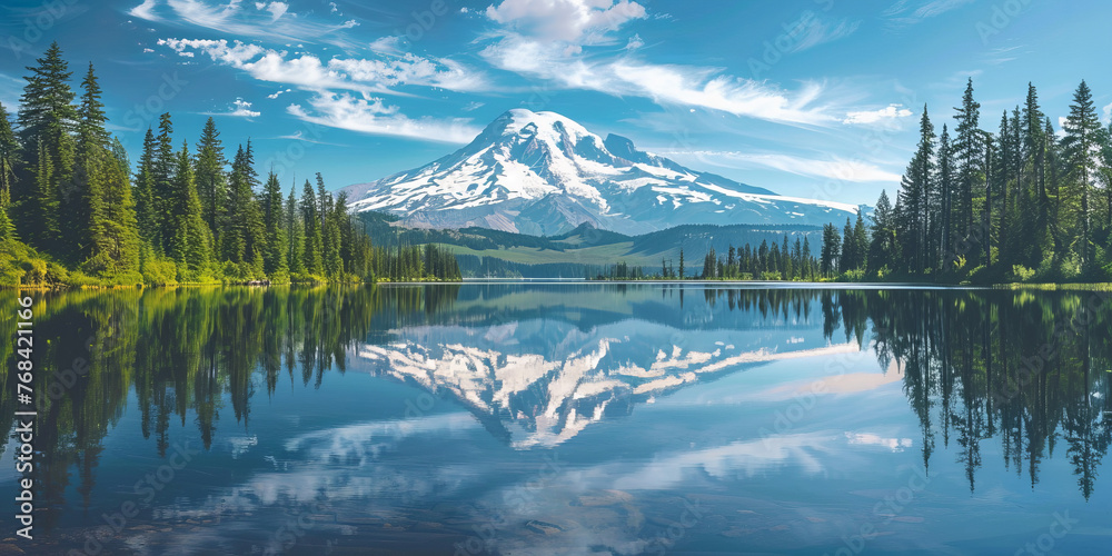 Serene view of Mount Rainier and its reflection on a crystal-clear lake amidst verdant woods under a blue sky