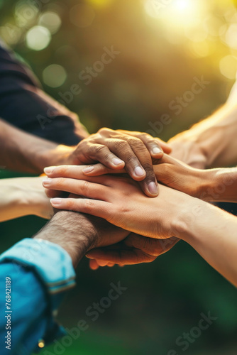 Imagine a close-up image showcasing the tender moment of a diverse group of hands clasped together, embodying love and unity across generations In this scene, the delicate embrace of a bride and groom