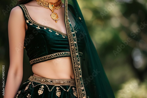 Closeup of Woman Wearing a Green Lehenga Dress