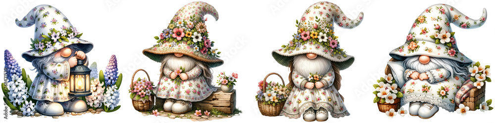 enchanting watercolor spring gnomes with floral hats and garden lanterns clipart png, gnomes, watercolor, spring, floral, hats, garden, lanterns, clipart, png, enchanted, whimsical, illustration