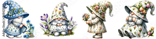 enchanting watercolor gnomes in a spring setting clipart png with vibrant floral attire, gnomes, watercolor, spring, clipart, png, floral, flowers, watering, tulips, cute, garden, blue, crocuses photo