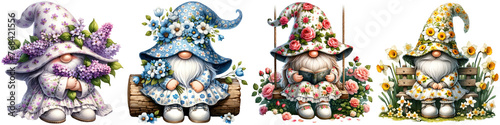 watercolor clipart png whimsical garden gnomes adorned with floral patterns in spring bloom, gnomes, flowers, spring, whimsical, garden, bloom, floral, hats, pastel, lilac, blue, roses, daisies, cute