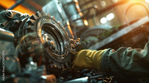 A Portrait of Engineer inspects engine gear wheel, industrial background.