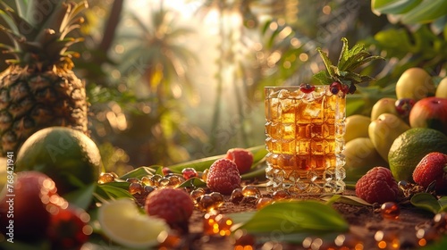 Rum, A smooth, versatile spirit distilled from sugarcane byproducts, aged in oak barrels, offering rich flavors ranging from caramel to tropical fruits.
 photo