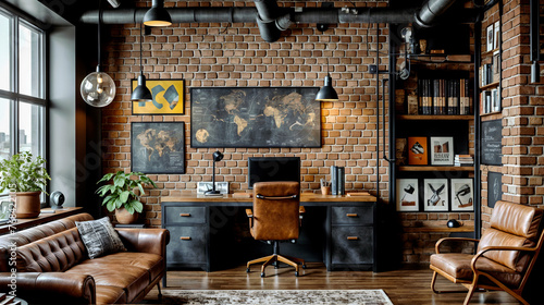 well-appointed industrial home office featuring a large wooden desk, exposed brick walls, and mid-century modern furniture, conveying a warm industrial aesthetic - Generative AI