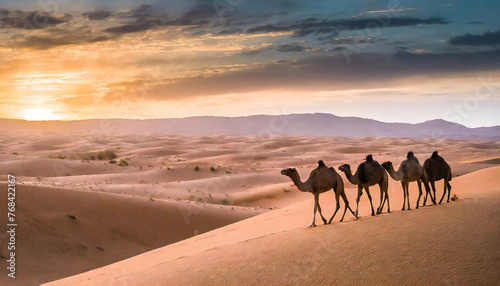 砂漠の中を歩くラクダのイメージ素材。Image material of a camel walking in the desert.