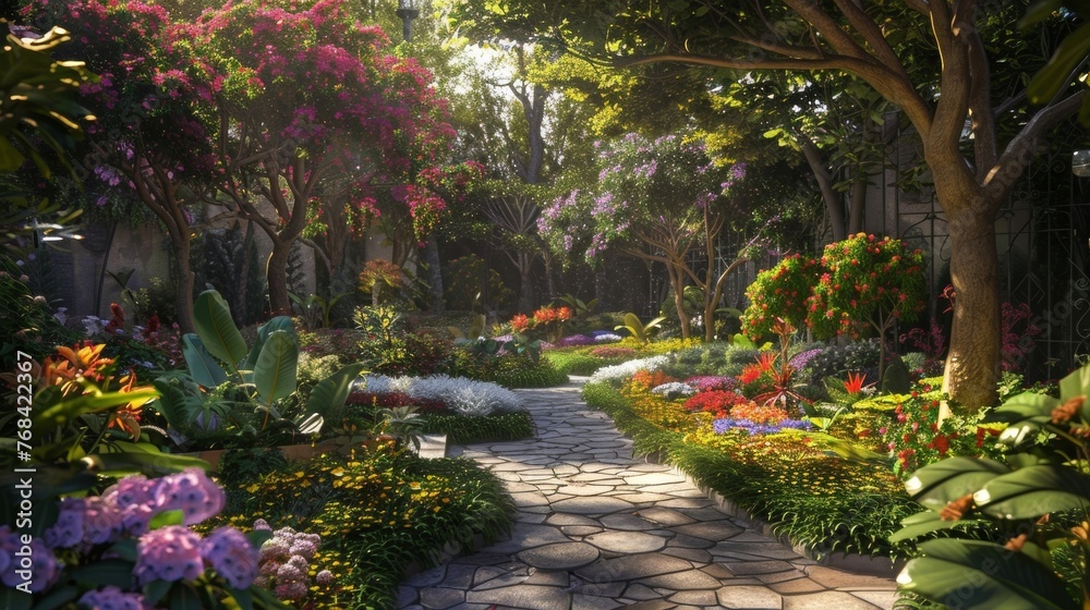 A hidden garden filled with colorful flowers and swaying trees providing a haven of peace from the concrete chaos of the surrounding city.