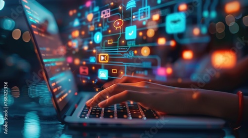 Hand is shown operating a sleek, modern laptop, scrolling through an array of social networks, embodying the concept of home-based social media management. This advanced tech community © Intelligent Horizons