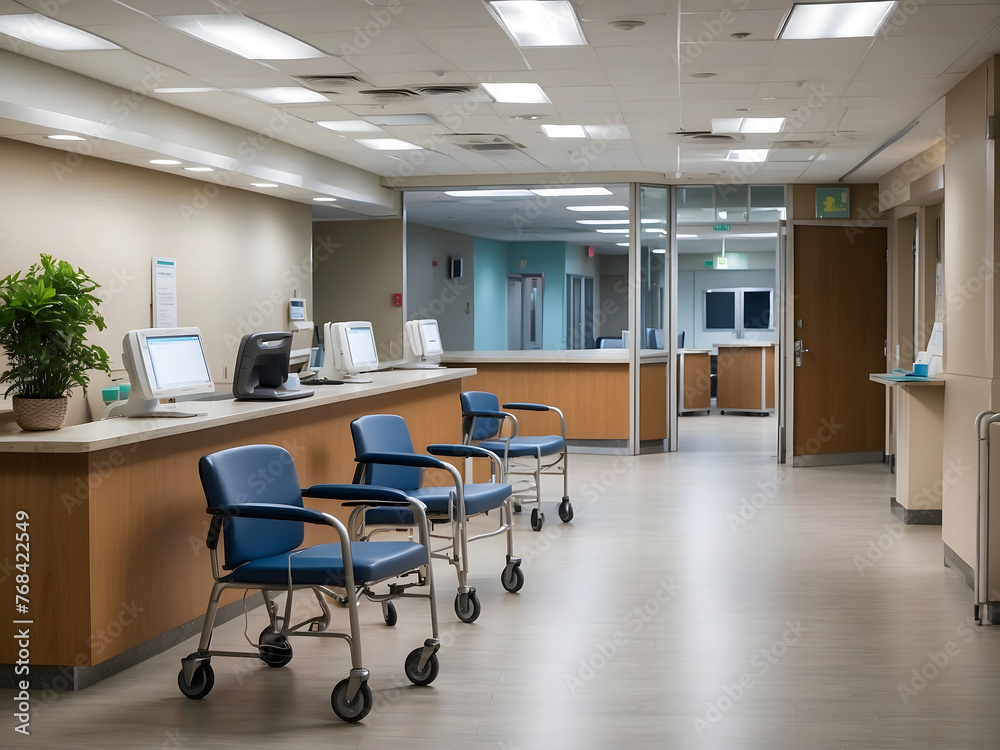 The hospital reception room is empty at night, with chairs for patients, a wheelchair, and a registration counter with computers and doors.