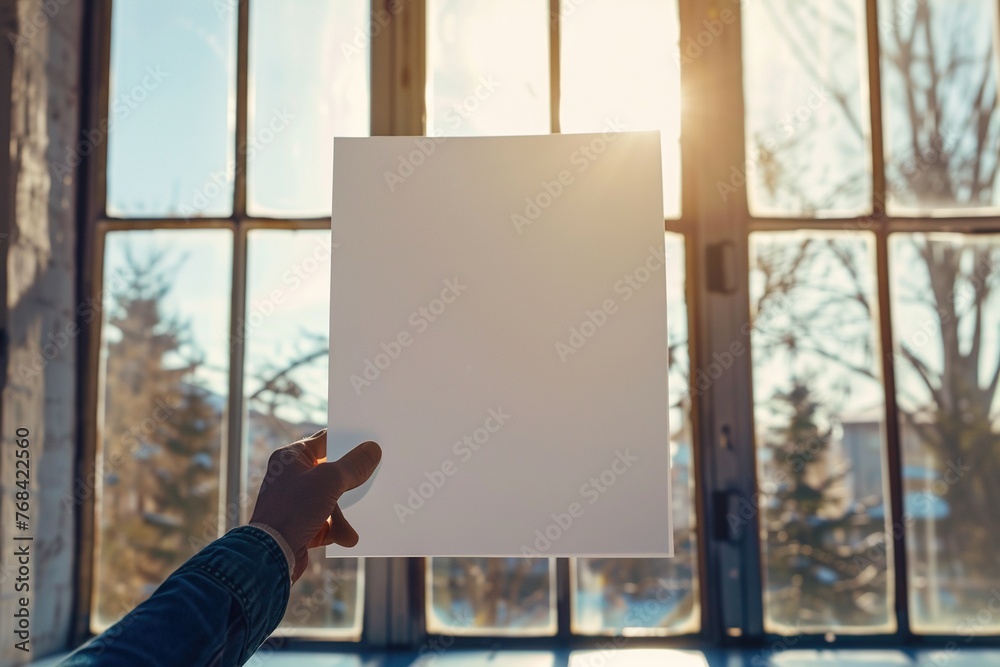 A person holding up an A4 size white paper mockup against a bright - obrazy, fototapety, plakaty 