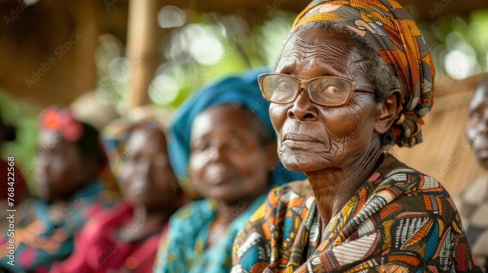 Fototapeta premium Senior african woman wearing glasses and a colorful scarf sits with other women. Concept of community and togetherness