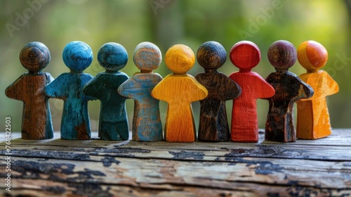 A group of wooden figurines of people standing in a circle. The figurines are of different colors and sizes
