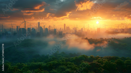 Futuristic Cityscape with Renewable Energy Elements at Dramatic Sunset