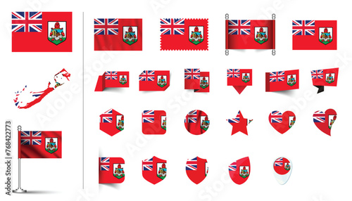 set of Bermuda flag, flat Icon set vector illustration. collection of national symbols on various objects and state signs. flag button, waving, 3d rendering symbols
