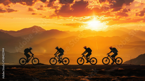 I've created an image that beautifully captures the essence of your description It showcases the silhouettes of cyclists, including a couple, set against a stunning sunset backdrop, merging elements o
