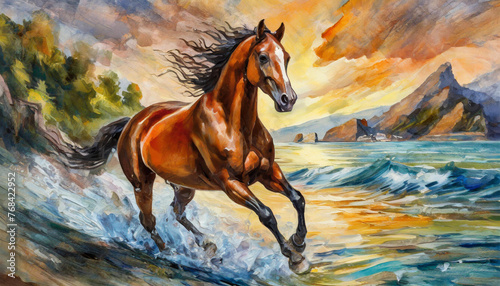 Chestnut horse galloping on shore, fragment of painting