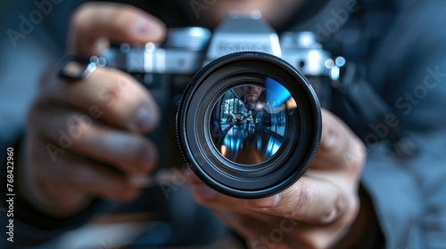 Man is taking a picture with camera. The image has a moody and mysterious feel to it, with the man's face partially obscured by the camera lens. The lighting is dim and the colors are muted