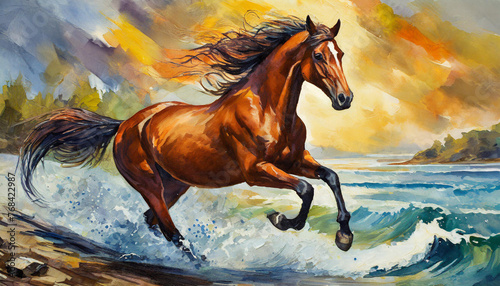 Chestnut horse galloping on shore, fragment of painting © Uuganbayar
