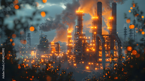 Futuristic Oil Refinery Facility Displaying Real-Time Carbon Emissions Data on a Glowing Digital Dashboard