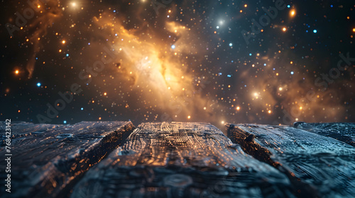 Glowing Cosmic Tableau:Illuminated Wooden Tabletop Backdrop with Swirling Nebula Clouds and Sparkling Stars
