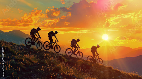 Imagine an image capturing a couple's silhouette cycling together at sunset Their figures are outlined against a vibrant sky, pedaling side by side on their bicycles, embracing a moment of adventure a