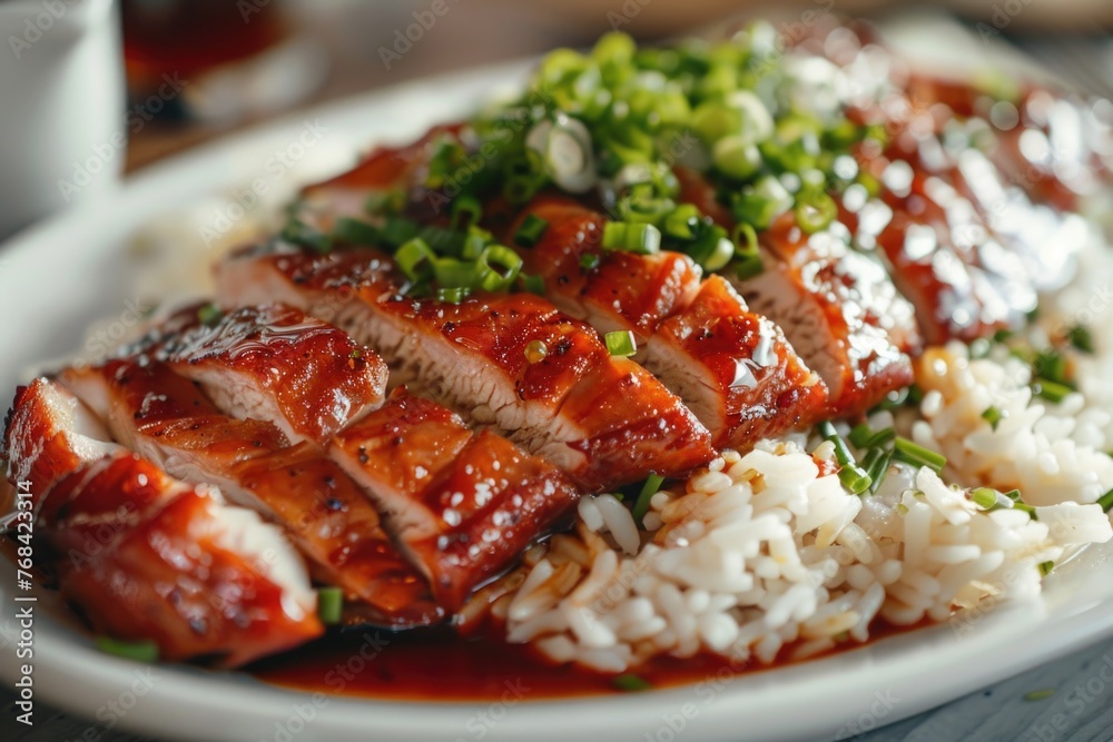 A plate of meat and rice with green onions on top