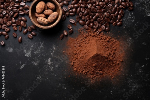 A bowl of chocolate powder and coffee beans on a black surface