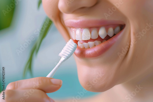 Woman Brushing Teeth with a Focus on Dental Health and Hygiene