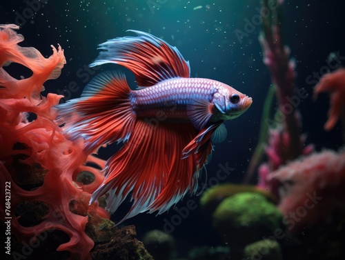 A beautiful red and blue fish swimming in a tank