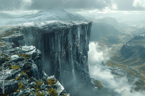 A fantasy landscape of misty mountains  a towering cliff with frozen waterfalls cascading down its side  overlooking an expansive valley stretching to the horizon. Created with Ai