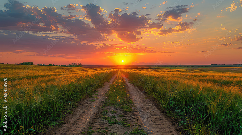 Sunset over the field, with dirt roads and green grass. The road runs straight across the horizon to where there is an orange sun setting in the distance. Created with AI
