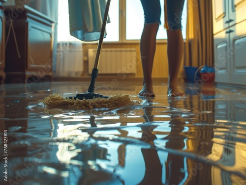 A woman is cleaning up a flooded floor with a mop