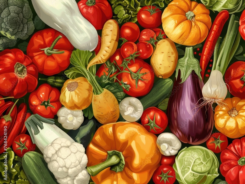 A colorful assortment of vegetables including tomatoes, squash, and broccoli