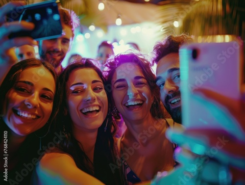 A group of people are smiling and taking a picture with their cell phones