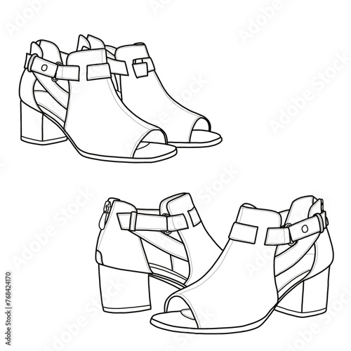 Hand-drawn open-toe with straps back zipper sandals shoes and footwear line art, ankle strap. Front, and top view isolated on a white background