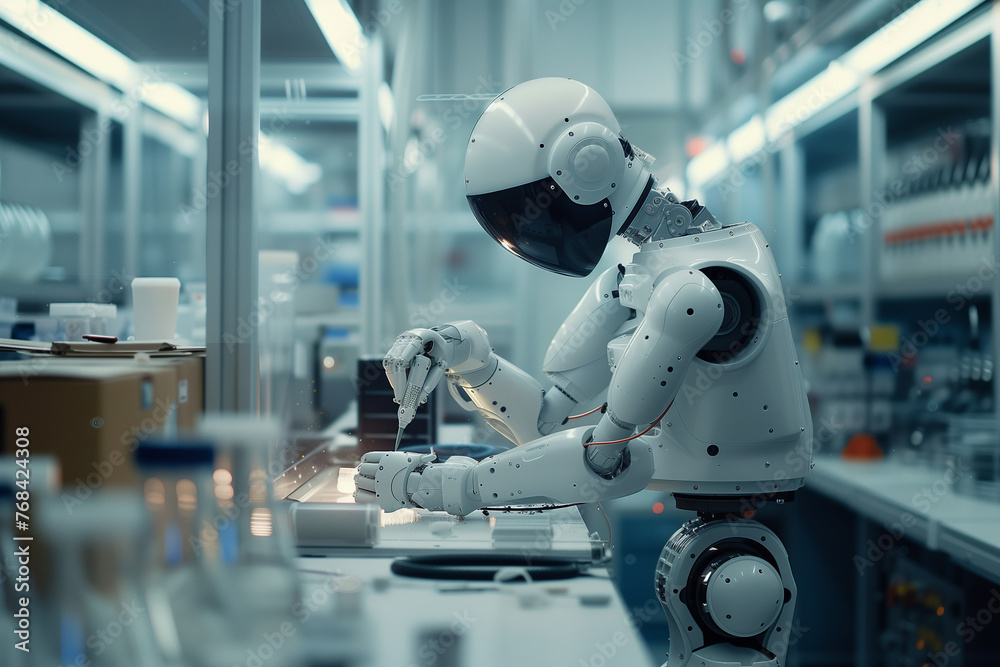 Humanoid scientist robot working in the science technology laboratory.