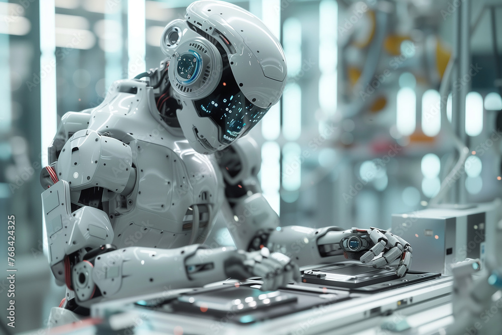 Humanoid scientist robot working in the science technology laboratory. Humanoid scientist robot working in the science technology laboratory.