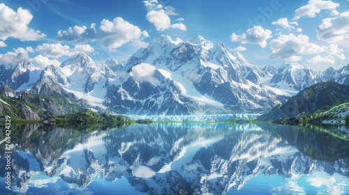 This striking image highlights the majestic beauty of snowy peaks reflected in the still waters of a serene lake, exuding tranquility