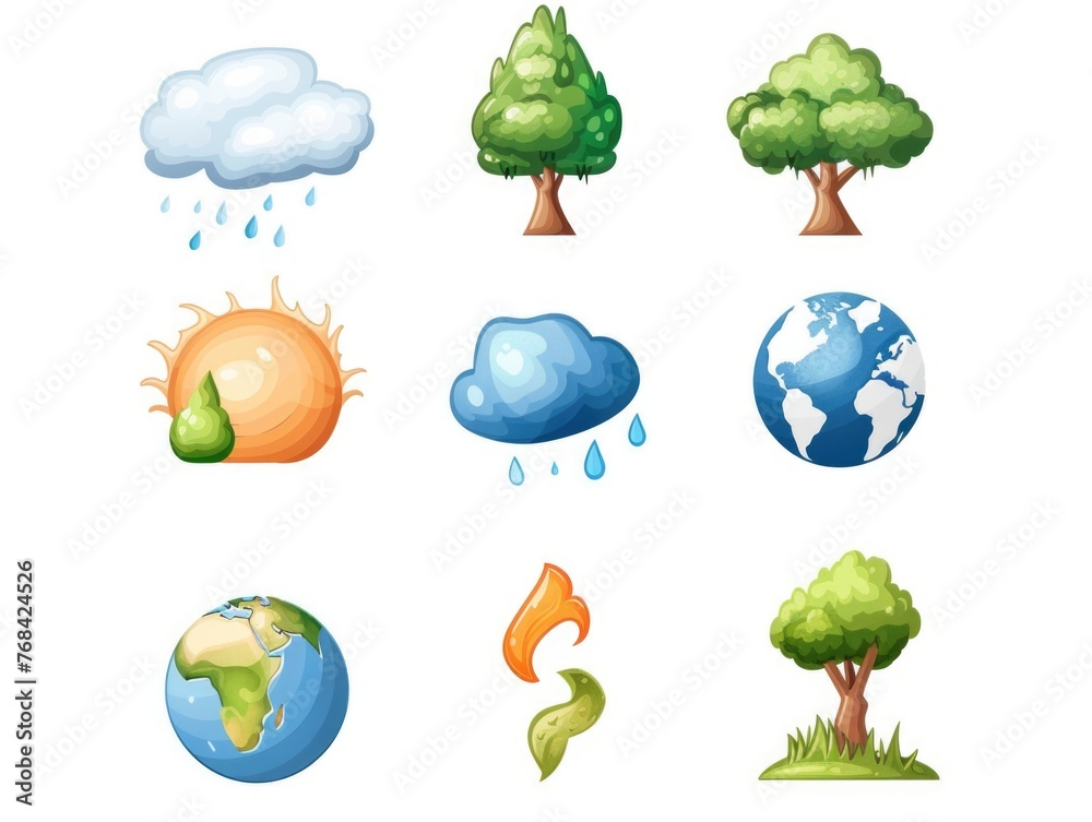 A variety of weather and nature-related icons, including a tree, a globe, a sun A variety of weather and nature-related icons, including a tree, a globe, a sun