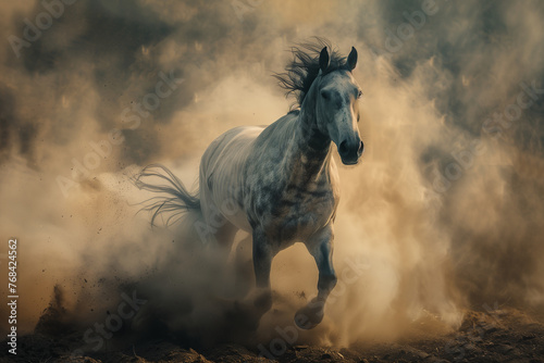 Beautiful white horse running in motion with long hair on the dust. © Pavitra